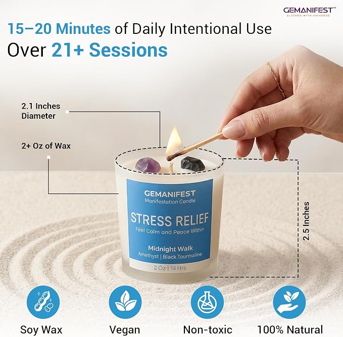 Stress Relief Manifestation Crystals Candle, Amethyst and Black Tourmaline Lavender Clary Sage Scented Soy Candle, Valentine's Gift for Her/Him, Women's Wellness & Spiritual Healing