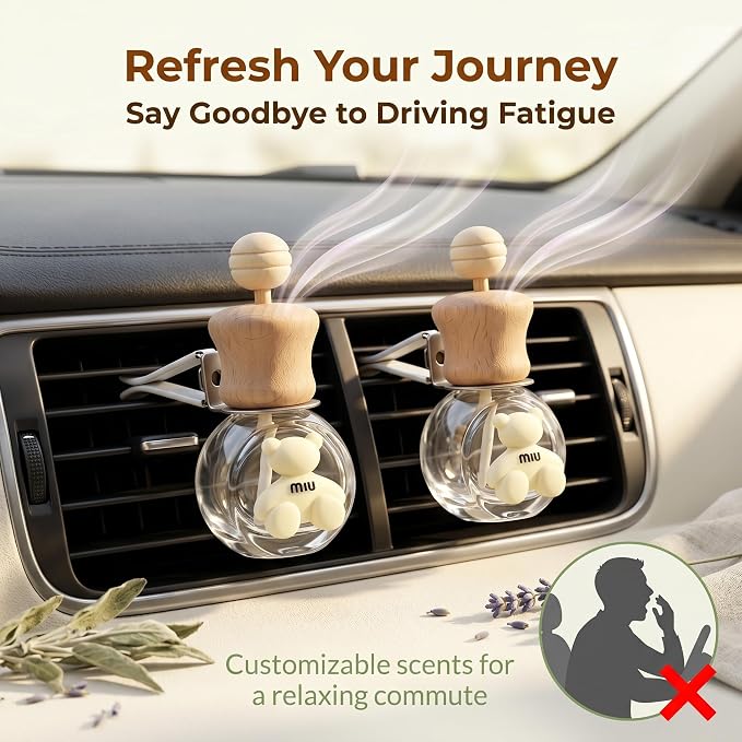 2 Pack Bear Car Vent Clip Diffuser Refillable Glass Bottle | Wood cap glass bottle with dropper, DIY essential oil freshener for car wardrobe bathroom home