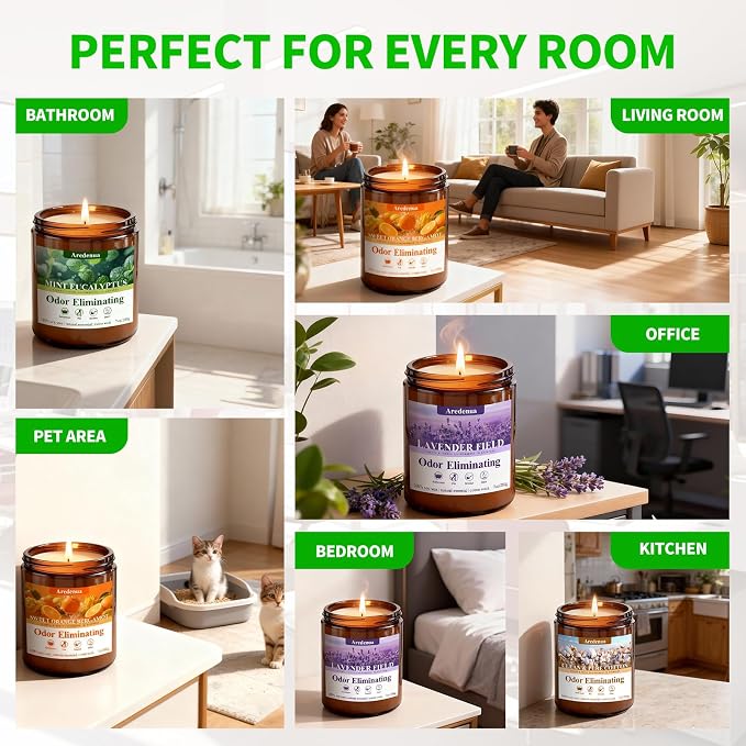 4 Pack Odor Eliminating Candles Set - Eliminates 95% of Pet, Smoke, Food & Other Smells - Air Freshing Scent of Orange/Mint/Lavender/Cotton - Up to 200 Hour Burn time - 28 oz Natural Soy Wax