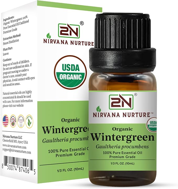 Wintergreen Essential Oil, USDA Certified Organic, 100% Pure Undiluted, Aromatherapy Oil for Diffuser, Hair & Skin Care