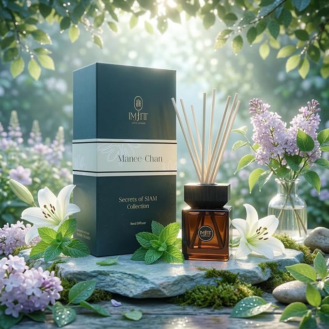 Manee-Chan by IMJITT: Authentic Thai Aromatherapy Diffuser & Premium Reed Diffuser Set for Home. Refreshing Peppermint, Lily, and sea Breeze Scent to Create an Elegant, Relaxing Ambient Fragrance.