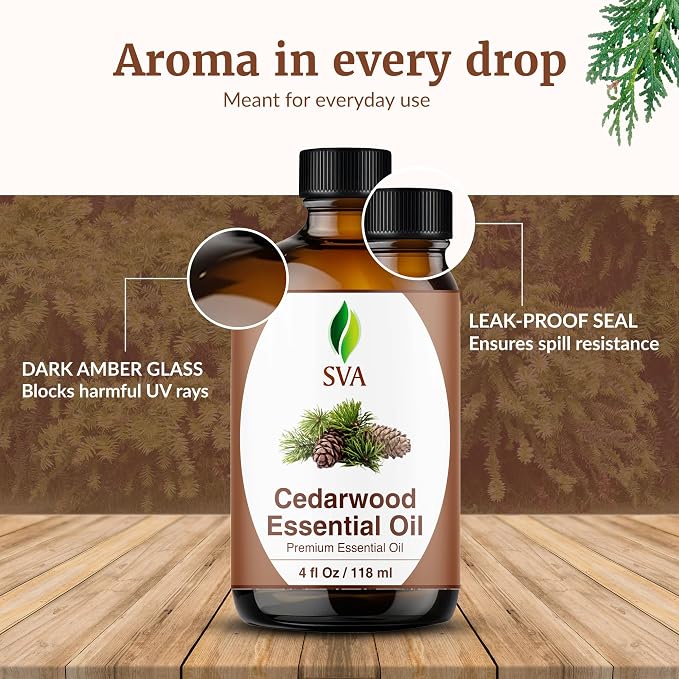 SVA Cedarwood Essential Oil 4 Fl Oz – for Diffuser, Skin & Hair Care – Ideal for Massage & DIY Blends - with Dropper