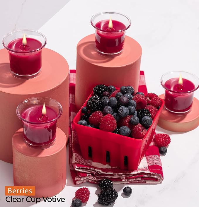 HYOOLA Clear Cup Scented Votive Candles - Berries - 12 Hour Burn Time - 4 Pack - European Made