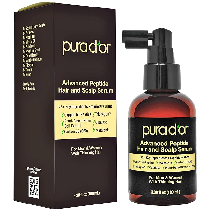 PURA D'OR Advanced Hair & Scalp Serum – For Hair Thinning with Copper Tri-Peptide, Caffeine, Botanical Extract Blend, Fuller Appearance Strands – Vegan, Men & Women 3.3 Oz Hair Regrowth Tonic