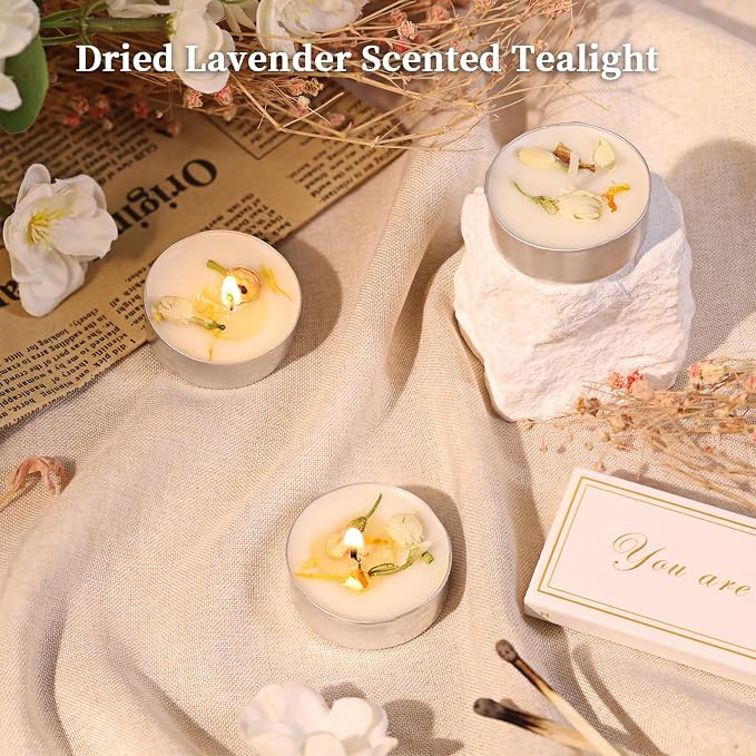 Jasmine Scented Tealight Candles -64 Pack - 4-Hour Palm Wax White Tea Lights, Plant Dried Flower Scented Tea Candles (Paraffin-Free), Votive Candle for Home/Yoga/Bath/Meditation