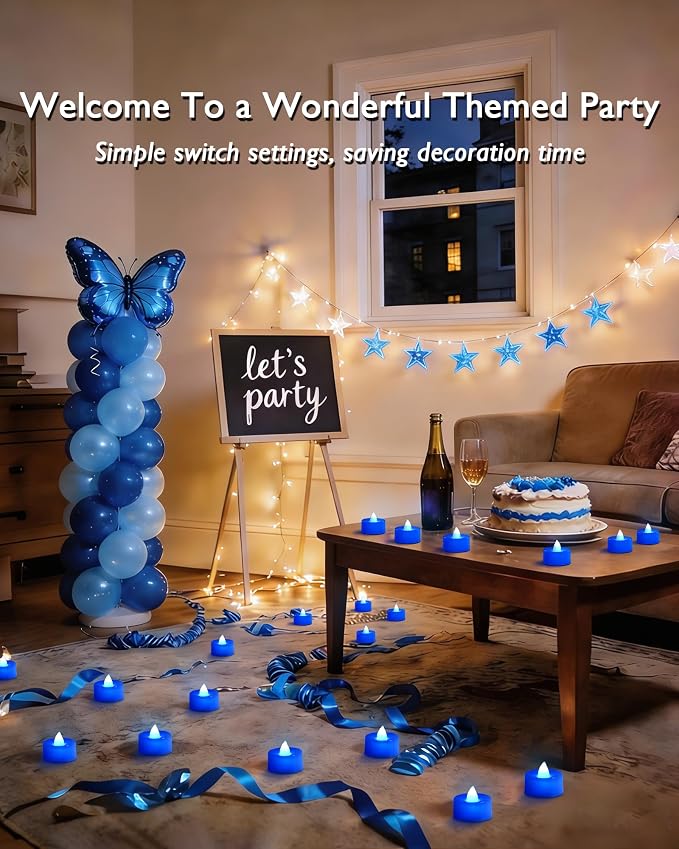 Amagic Blue LED Tea Lights Candles, 24 Pack Battery Operated Flameless Tea Lights, Long Lasting Colored Tealights Candles for Halloween and Festival Celebration, Party, Wedding Table Decor, Birthday