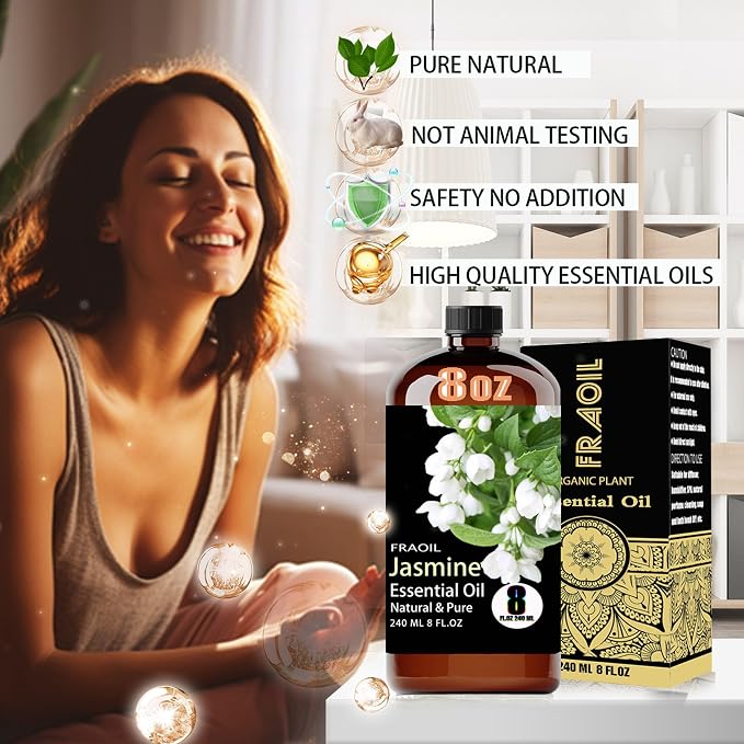 Jasmine Essential Oil, Jasmine Oil 8 Fl Oz 240ML for Diffuser Humidifier Yoga Cleaning DIY Candle Soap Making Perfume Gift for Women Essential Oils FRAOIL (Jasmine 8 Fl Oz (Pack of 1))