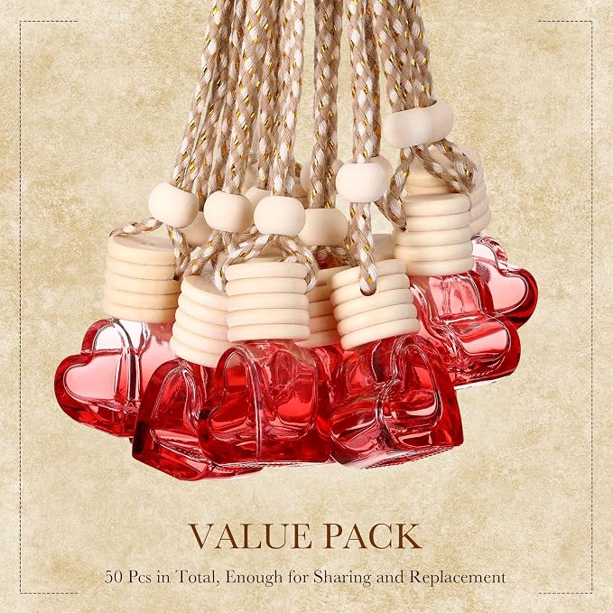 50 Pcs 6ml Hanging Car Diffuser Bottle Empty Glass Perfume Air Freshener Heart Love Container Diffuser Pendant Wedding Essential Oil Fragrance Aromatherapy Ornament (Red)