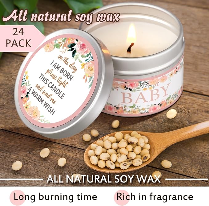 MTLEE 24 Pcs Flowers Baby Shower Party Favors Candles Lavender Scented Baby Shower Favors for Guests Rustic Tealights Candles Gender Reveal Return Gifts (1.2 oz, Pink)