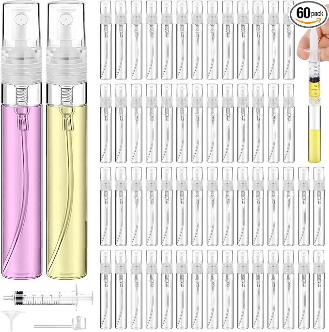 60PCS 10ml Mini Spray Bottle, Portable Clear Plastic Spray Bottle, Empty Fine Mist Refillable Perfume Atomizer, Small Sample Containers for Cleaning, Travel, Essential Oils