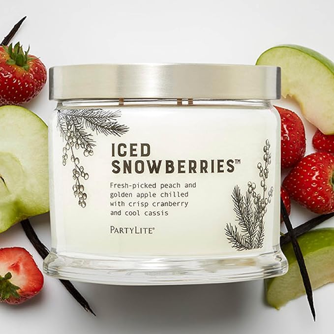 PartyLite Iced Snowberries Scented, Notes of Apple, Cassis, Cranberry, Peach, Strawberry, Berry, Vanilla & Musk,13.2oz 3-Wick Jar Candle, 45 Hour Burn Time, Luxurious Fragrance, Perfect for Gifting