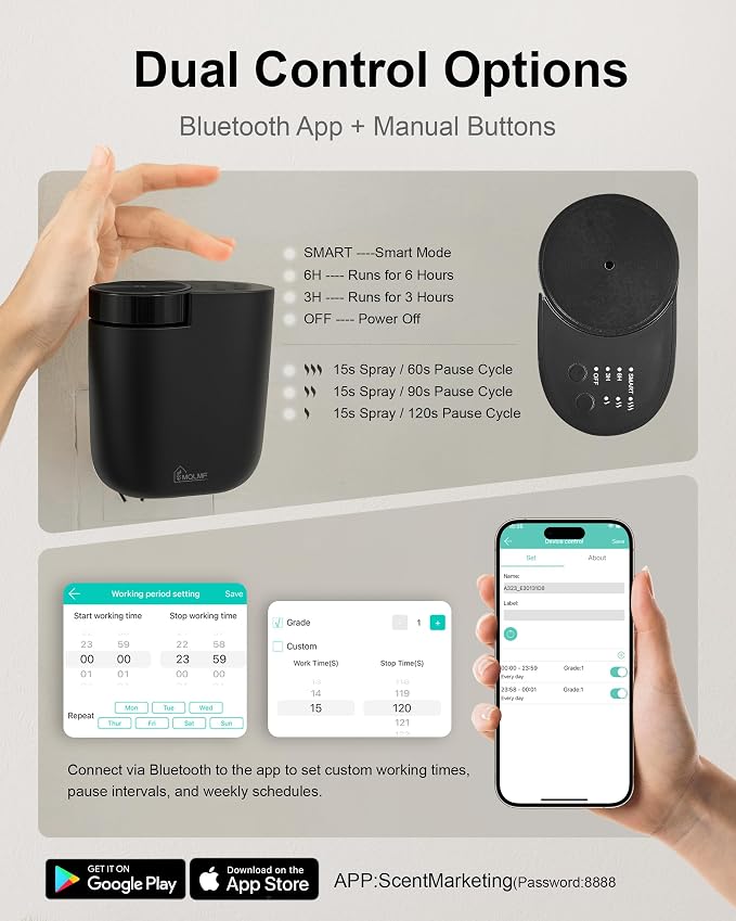 Waterless Plug in Diffuser, 800 Sq Ft, No Wobble Secure Wall Fit, Adjustable Timer & Scent Intensity,App Control,Essential Oil Plug in Wall Diffuser, Includes 3 x 20ml Fragrance Oils, Black