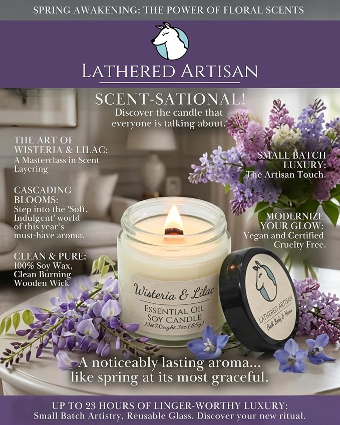 Wisteria & Lilac Floral Scented Candle, Hand Crafted Essential Oil Soy Candles Flickering Wood Wick, Dried Flowers, 23 Hour Burn Time, Natural Aromatherapy, Glass Jar with Lid by Lathered Artisan