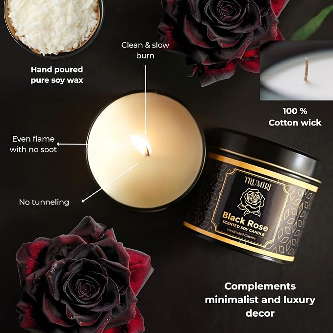 Black Rose Candle Strong Scented Soy Candel Natural Non Toxic Velas Aromáticas Gift for Women Pack of 1 5Oz Decorartive Travel Tin