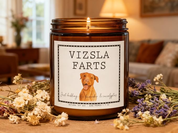 Smells Like Vizsla Farts Candle - Vizsla Gifts & Decor, Dog Mom Gifts - Lavender & Eucalyptus Soy Wax Scented Candle, 50Hr Burn