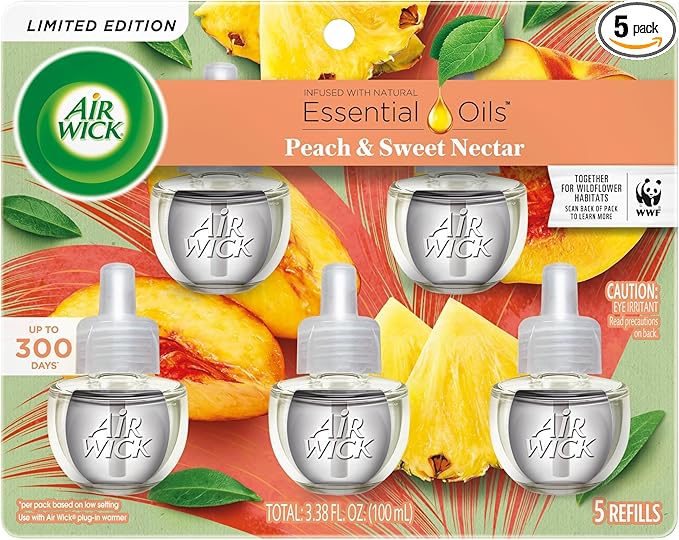 Air Wick Plug in Scented Oil Refill, 5 Ct, Fresh Peach and Sweet Nectar, Air Freshener, Essential Oils, Spring Collection