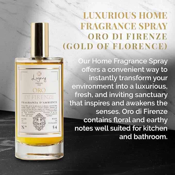 Logevy Firenze 1965 Oro di Firenze – Gold of Florence Luxury Home Fragrance Spray by Italian Master Perfumer with Floral & Earthy Notes to Captivate the Senses & Enliven Any Room – 100ml
