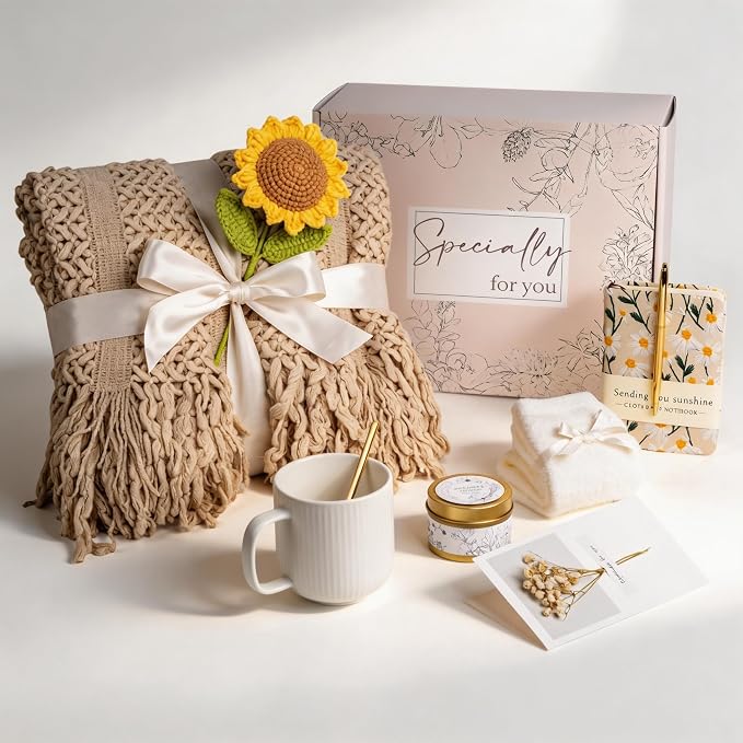 Birthday Gift Baskets for Women, Get Well Gifts for Women, Care Package Self Care, Thank You, Sympathy Friendship Sending Sunshine Sunflower Gift Basket for Mom, Grandma, Sister, Friends, Girls, Her