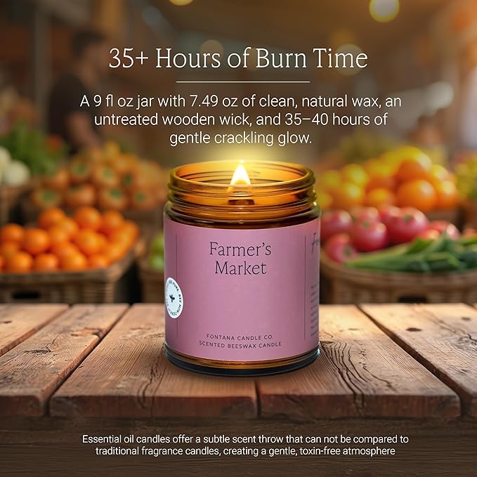 Fontana Candle Co Wood Wick Beeswax Jar Candle, Farmer's Market – Made Safe with Coconut Oil & Pure Essential Oils – 35+ Hrs Clean Burn, Long Lasting and Non-Toxic Candles for Home & Room Decor