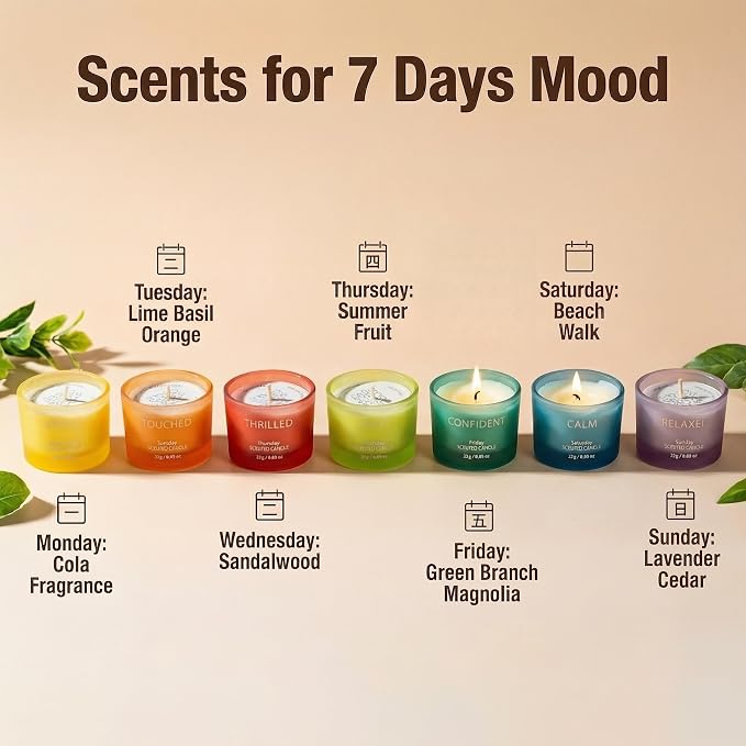 7-Day Rainbow Candle Set The | Self-Care and Stress Relief Aromatherapy Candles - Family Relaxation Candle Set with Lavender Cedar, Sandalwood, Lime Basil Orange Scents
