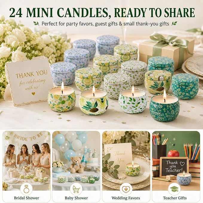 24 Pack Mini Scented Candles for Party Favors, 2.5 oz Soy Wax Tin Candle Gift Set, 6 Fresh Botanical Scents x 4 Each, Small Gifts for Bridal Shower, Baby Shower, Wedding Favors, Teachers