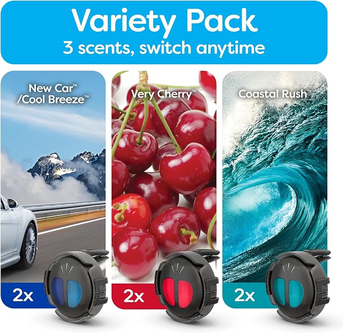 Refresh Your Car Mini Diffuser Car Air Fresheners Variety Pack, New Car/Cool Breeze, Very Cherry, and Coastal Rush Scents, 6 Pack