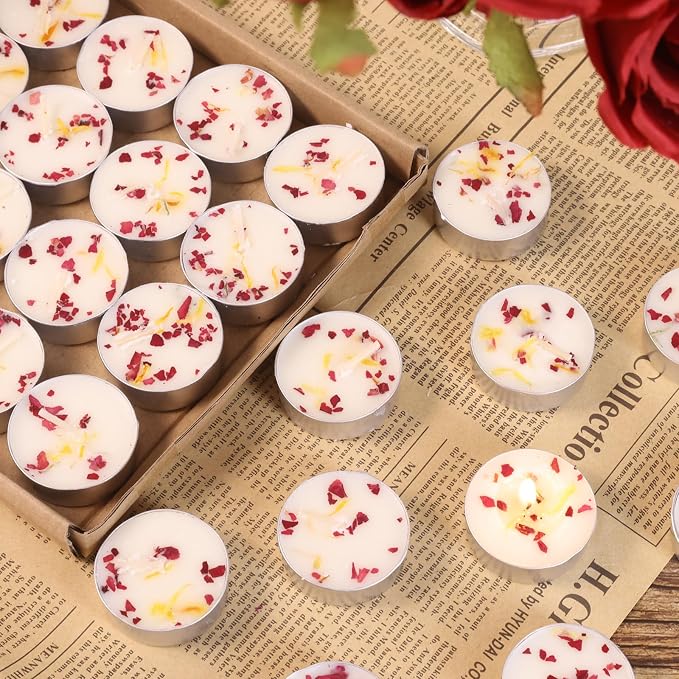 Rose Scented Tealight Candles 64 Pack - 4-Hour Palm Wax White Tea Lights, Plant Dried Flower Tea Lights Candle (Paraffin-Free), Scented Votive Candles for Home/Yoga/Bath/Meditation