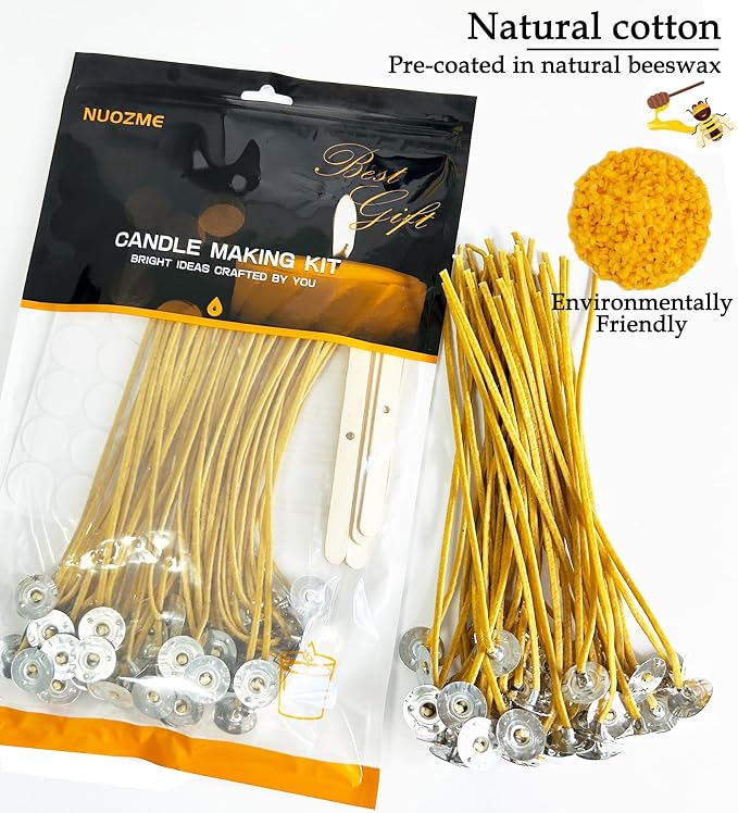 50 Pcs 6" Natural Candle Wicks,Pre-Waxed by 100% Beeswax & Tabbed with 60Pcs Candle Wick Stickers and 5 Pcs Wooden Candle Wick Centering Device, for Candle Making，Candle DIY