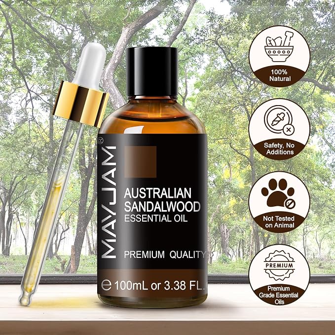 MAYJAM Australian Sandalwood Essential Oils 3.38 FL.OZ Pure Australian Sandalwood Oil for Massage Skin Care Hair Care Diffuser Candle and Soap Making - 100ml