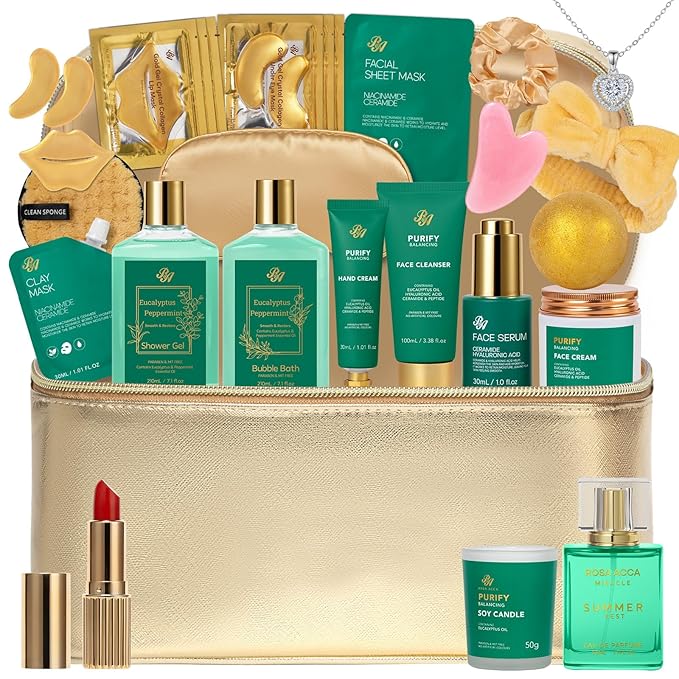 25 Pcs Mother's Day Gift, Eucalyptus Bath & Body Gift Set for Women, Hydrating Skin Care Set, Spa & Self Care Gift, Cosmetic Bag, Necklace, Christmas, Birthday, Anniversary, Mom, Wife