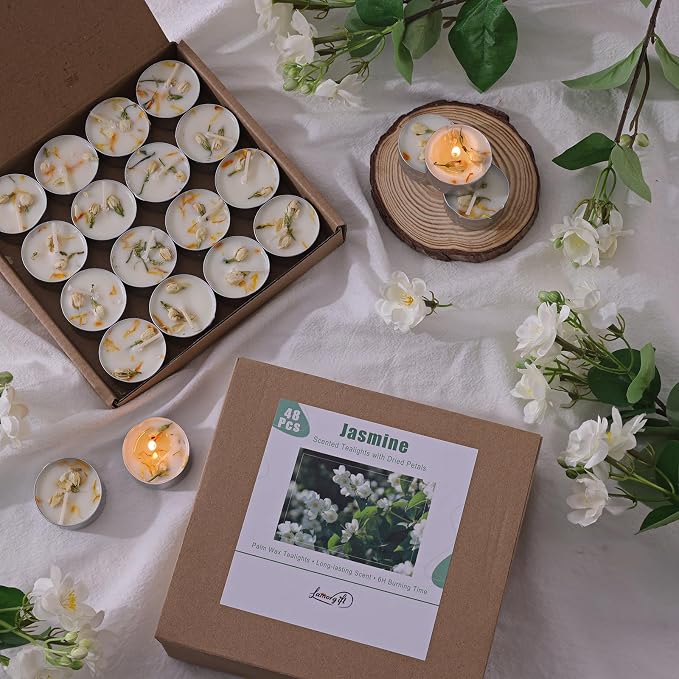 48 Count Jasmine Scented Tealight Candles, 6H Long Burning with Dried Flowers, Non-Toxic/Smokeless, Palm Wax Based, Perfect for Spa, Bath, Wedding