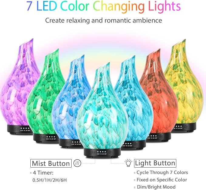 Essential Oil Diffuser 120ml Ultrasonic Aromatherapy Diffuser with Handmade Glass BPA Free, Auto Shut-Off 4 Timer Setting 7 Colors Changed LED for Home Yoga Office (Cobblestone)
