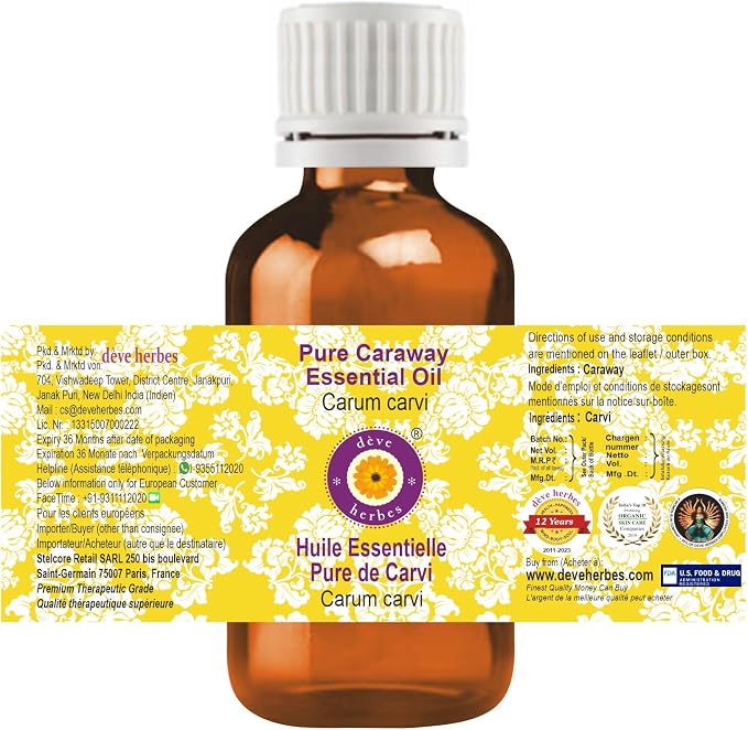 Deve Herbes Pure Caraway Essential Oil (Carum carvi) Steam Distilled 100ml (3.38 oz)