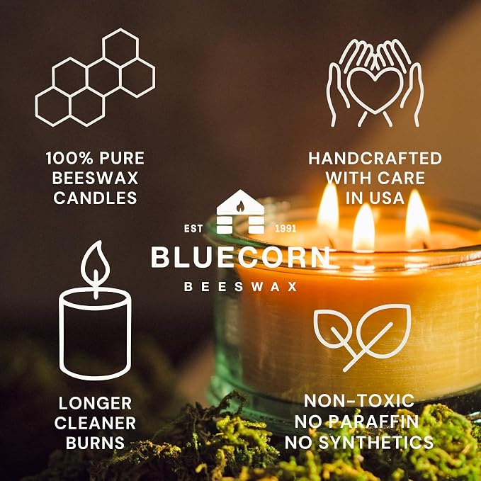 Bluecorn Botanica Beeswax 3-Wick Candle – Vanilla, 100% Pure Beeswax & Essential Oils – 10oz Hand-Blown Recycled Spanish Glass – Non Toxic, Clean Burning, Refillable Glass Jar