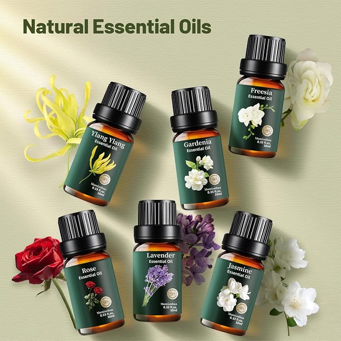 Floral Essential Oils Set Pure, Mumianhua Lavender Rose Jasmine Ylang Ylang Gardenia Freesia – Natural Aromatherapy Gift for Diffuser, Humidifier, Candle & Soap Making, Bedtime Serenity 6x10ml