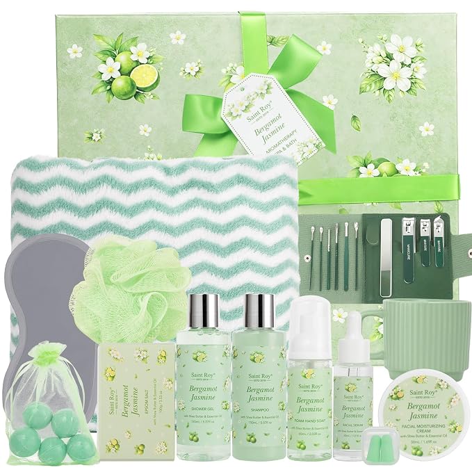 30 Pcs Spa Gifts for Women & Men, Bergamot Jasmine Bath & Body Gift Basket | Self-Care Relaxation Set, Face Skin Care Kit, Home Spa Gift, Birthday Christmas Anniversary, Cup Gift spa kit for Man & Mom