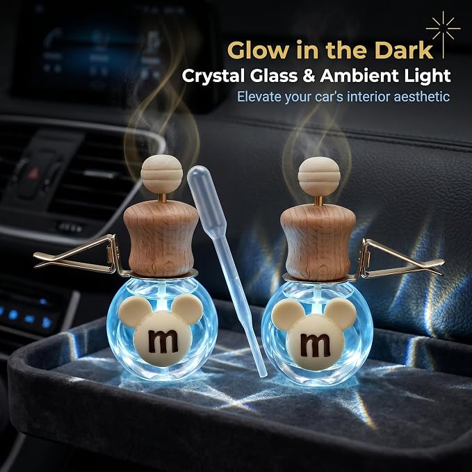 2 Pack Bear Car Vent Clip Diffuser Refillable Glass Bottle | Wood cap glass bottle with dropper, DIY essential oil freshener for car wardrobe bathroom home
