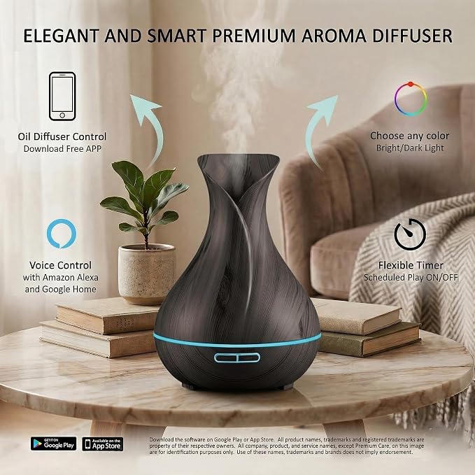 Sierra Modern Home Smart WiFi Humidifier - Aromatherapy Essential Oil Diffusers with App Control & Voice Control - Works with Alexa & Google Home - 400ml Ultrasonic Diffuser & Humidifier - Dark Brown