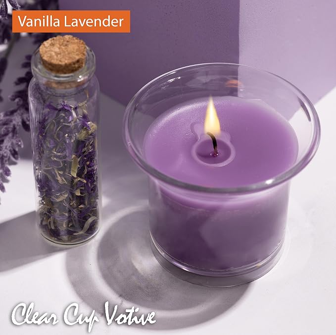 HYOOLA Clear Cup Scented Votive Candles - Vanilla Lavender - 12 Hour Burn Time - 4 Pack - European Made
