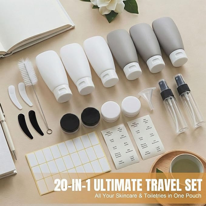 DEWSENSI 20 Pack Travel Bottles Set - TSA Approved Leak Proof Containers Kit for Toiletries - Portable Refillable Accessories for Shampoo, Conditioner, Lotion, Liquids (Black & White)