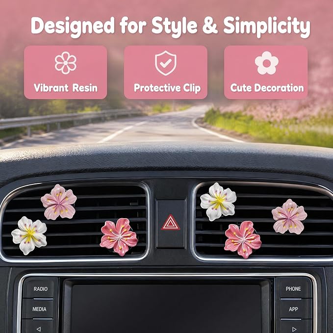 6PCS Cherry Blossom Flower Air Vent Clips, Cute Car Freshener Diffuser for Women Girls, Air Conditioning Outlet Clip for Interior Decor(White,Pink&Red)