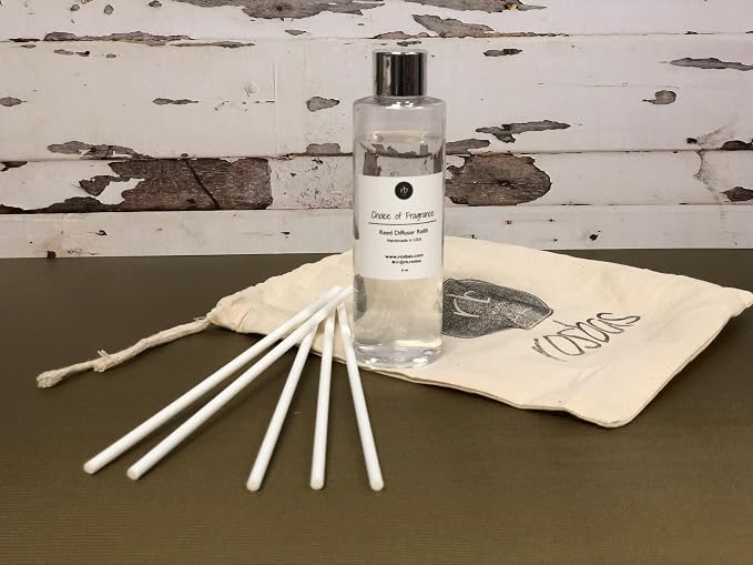 rosbas Sea Salt & Orchid Reed Diffuser Refill Set - White Reeds - 6 fl oz Bottle in a Drawstring Cotton Bag - High Performance Fiber Reeds - Handcrafted in USA