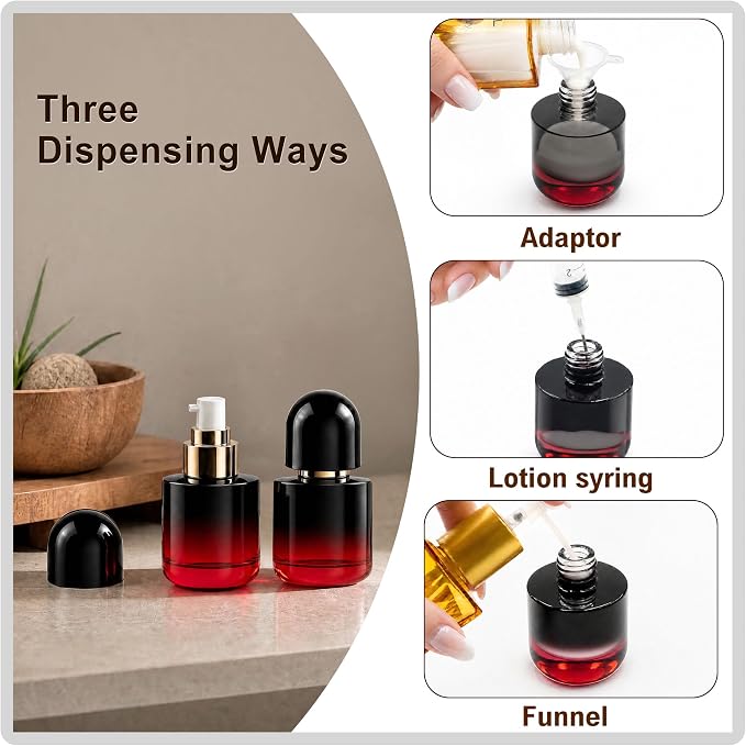 1oz Travel Pump Bottle, 30ml Gradient Glass Liquid Dispensing Bottle with 3 Transfer Tools, Leak-Proof Small Refillable Makeup Containers for Toiletries, Lotion, Essential Oils (Black-Red Gradient)