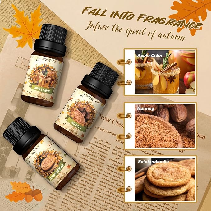 WUSEONY Fall Essential Oil for Diffusers, Autumn Fragrance Oil Set, Aromatherapy Oils Gift Set for Candle Soap Making - Apple Cider, Nutmeg, Snickerdoodle, Vanilla, Forest Pine, Pumpkin Spice, 6x10ml