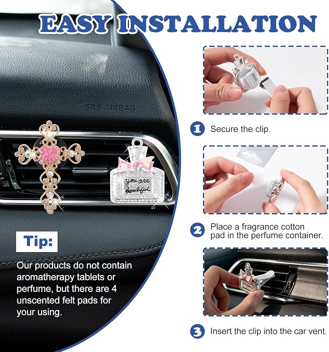 Rislobx 4PCS Bling Air Vent Clips, Crystal Diamond Heart Cross High Heel Shoe Perfume Bottle Diffuser Vent Clip Cute Rhinestone Car Accessories Decoration for Women (Pink)