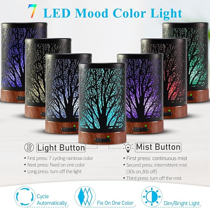 Essential Oil Diffuser - 150ML Metal Aromatherapy Diffuser for Essential Oils with 7 Colors Lights Gifts for Mom Auto Shut-Off & Ultrasonic Cool Mist Diffuser, Ambience for Home