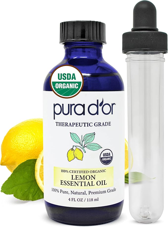PURA D'OR Organic Lemon Essential Oil (4oz with Glass Dropper) USDA Certified 100% Pure & Natural Therapeutic Grade Diffuser Oil Citrus Scented for Aromatherapy, Mood Uplift, Energy, Focus