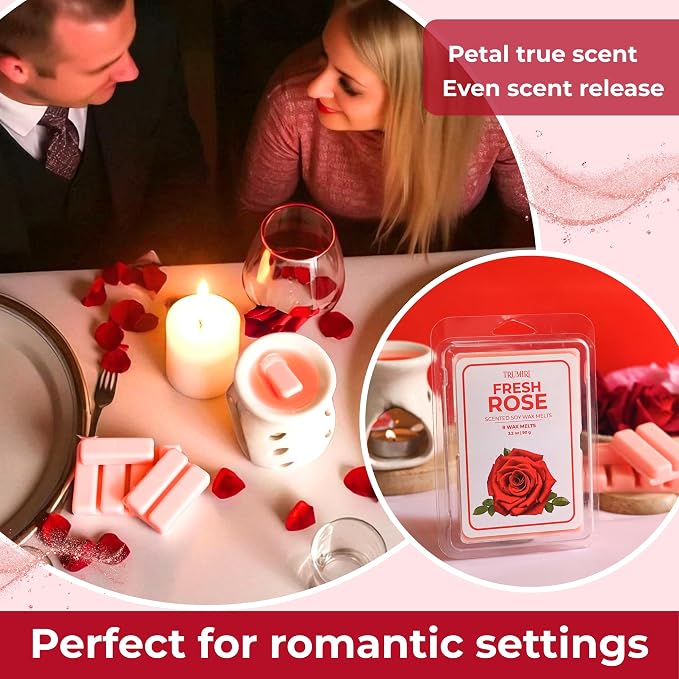TRUMIRI Fresh Rose Scented Wax Melts - Made with Non Toxic Soy Wax and Essential Oils - Long Lasting Strong Scent Pet Safe Floral Candle Wax Cubes Tarts for Warmers Pack of 4