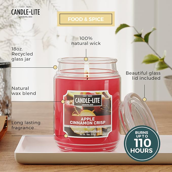 Candle-lite Fall Scented Candles, Apple Cinnamon Crisp, 18 oz Jar, Proudly Poured in The USA, Aromatherapy Candle, Single-Wick with 110 Hours of Burn Time, Perfect for Creating an Inviting Ambiance
