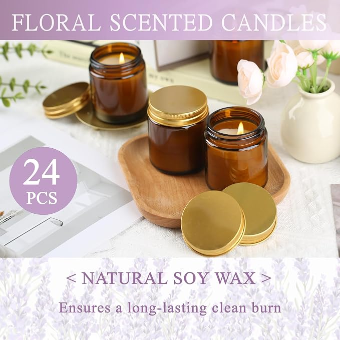 24 Pcs 4 Oz Mason Jar Candles, Lavender Scented Soy Candles Bulk Set for Stress Relief and Relaxation, Great Favors for Wedding, Christmas, Housewarming Gifts (Gold,Amber Glass, Lavender, 24)